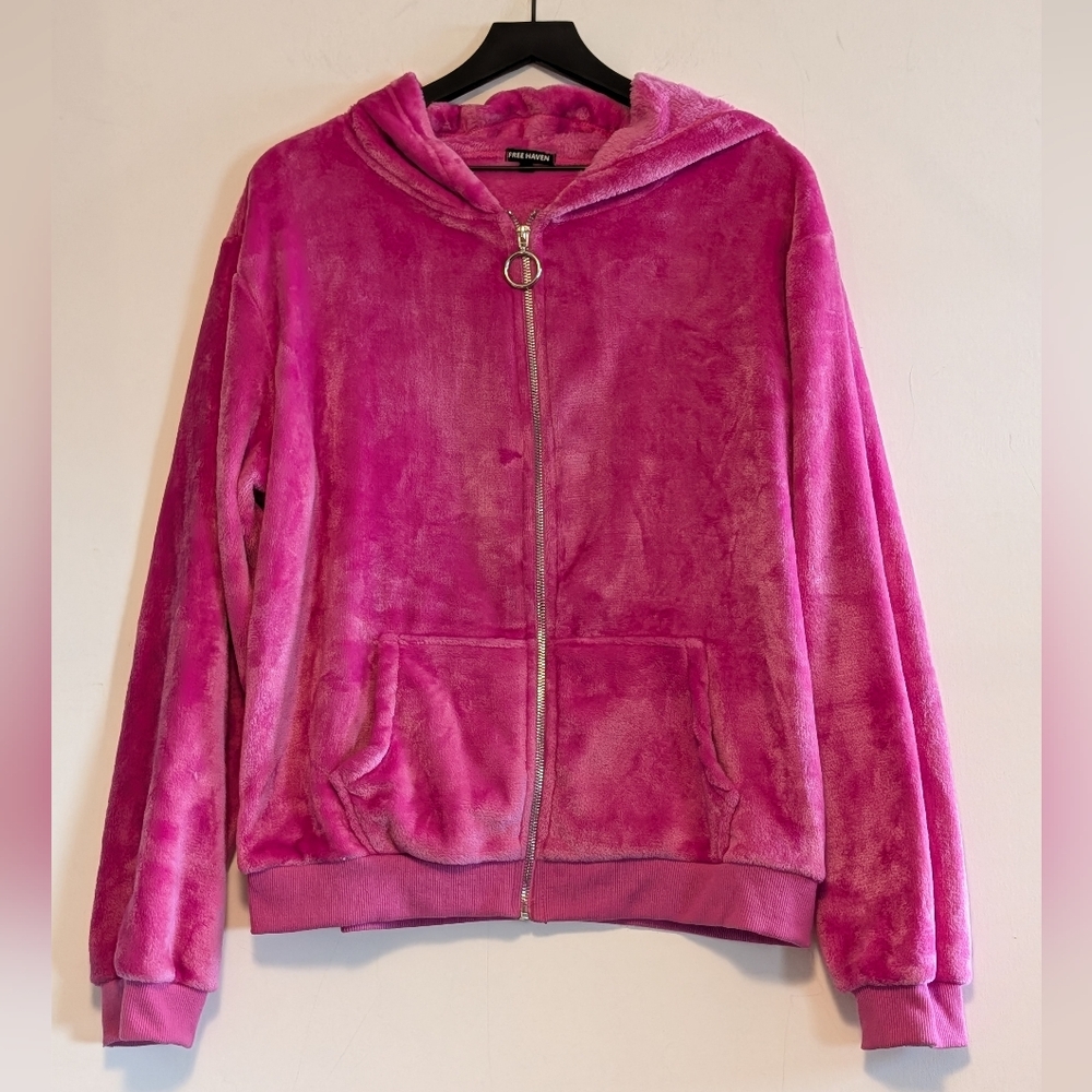 Free Haven Pink Plush Velour Zip Hoodie Large Cozy Soft Jacket